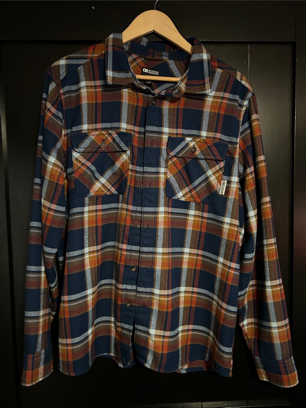 Outdoor Research Feedback Flannel Navy, Orange & Light Blue Plaid